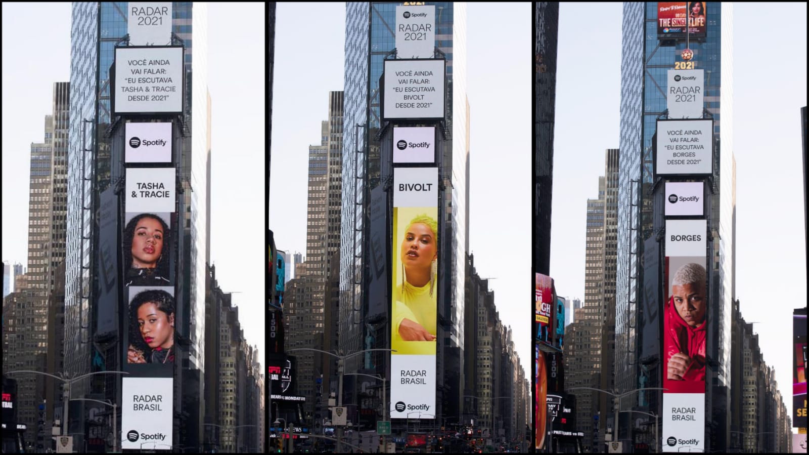 Borges, Bivolt, Tasha & Tracie, tem imagens estampados na Time Square / NY